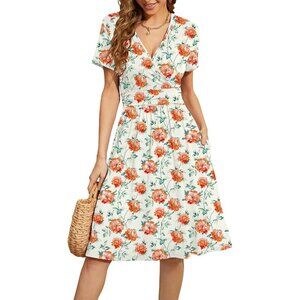 Women Peony Beige Short Sleeve V-Neck Floral Stretchy Party Dress with Pockets